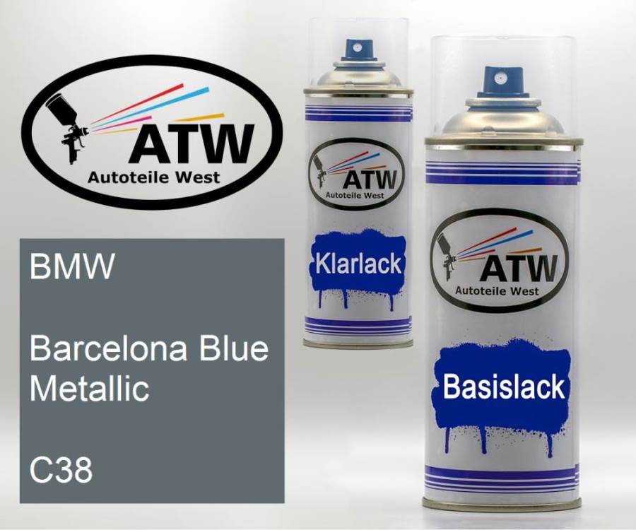 BMW, Barcelona Blue Metallic, C38: 400ml Sprühdose + 400ml Klarlack - Set, von ATW Autoteile West.